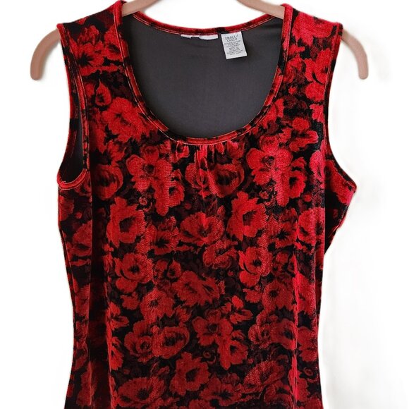 VINTAGE Red and Black Velvet Floral Blouse Sleeveless Size Small Occasion Top - Picture 1 of 5